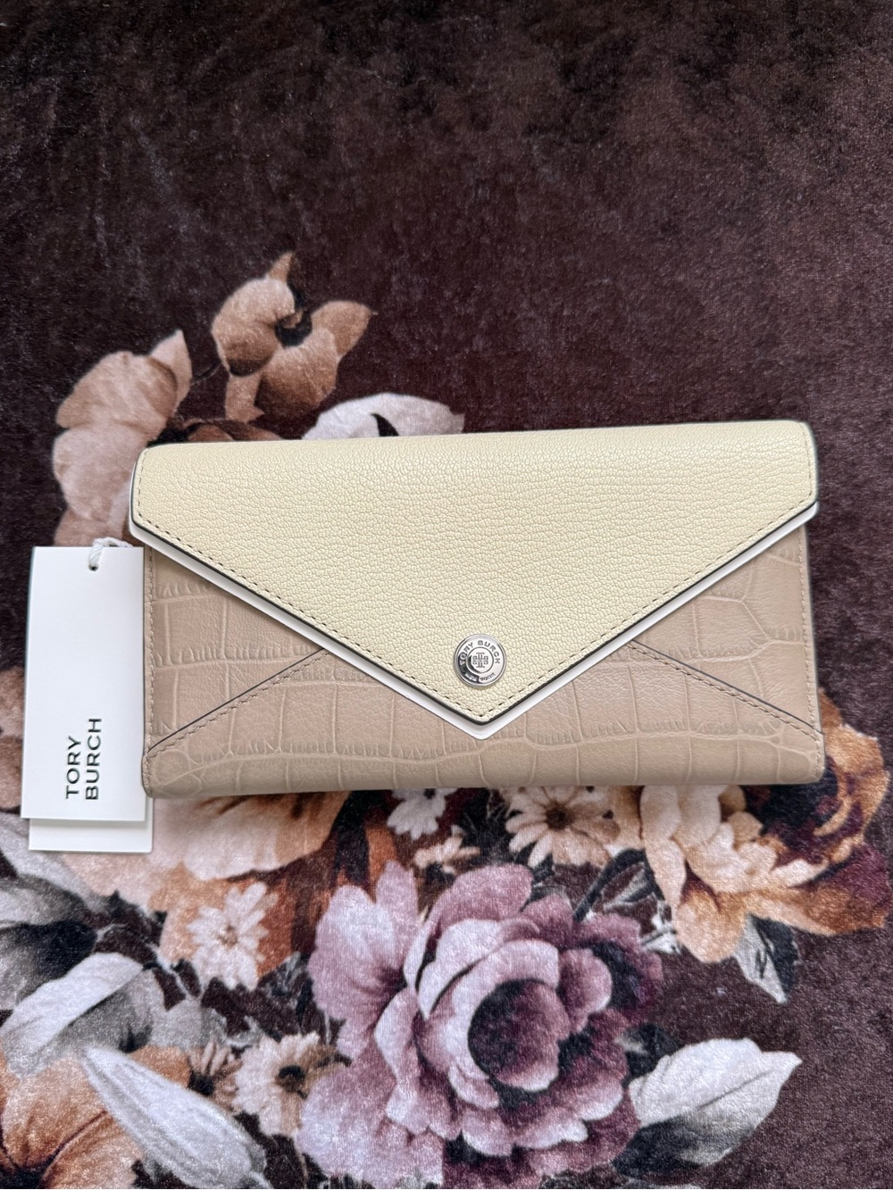 TORY BURCH Soft Custard Multi Color-Block Envelope Snap Closure Long Wallet NWT